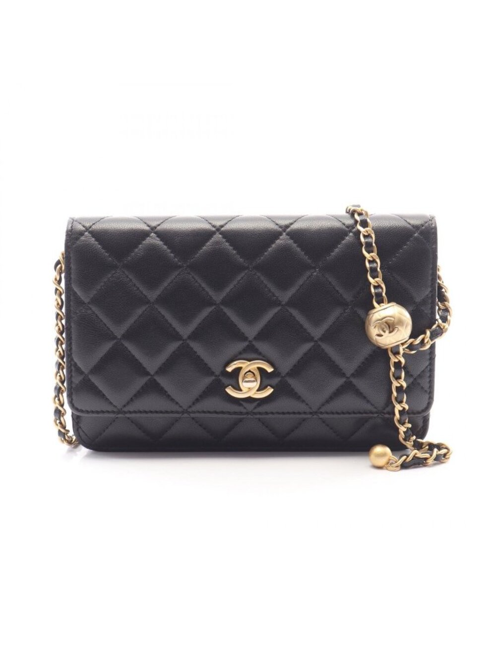 Chanel Shoulder Bag Quilted Black Lambskin Chain Wallet